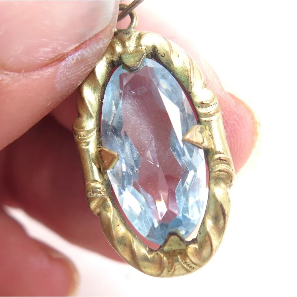 Stunning Vintage Old Art Deco Unfoiled Blue Glass Stone‎ Rhinestone Gold Pendant